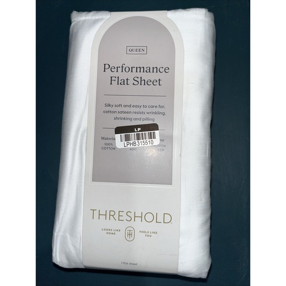 Threshold Performance Flat Sheet Queen White Cotton Sateen, - Picture 1 of 3